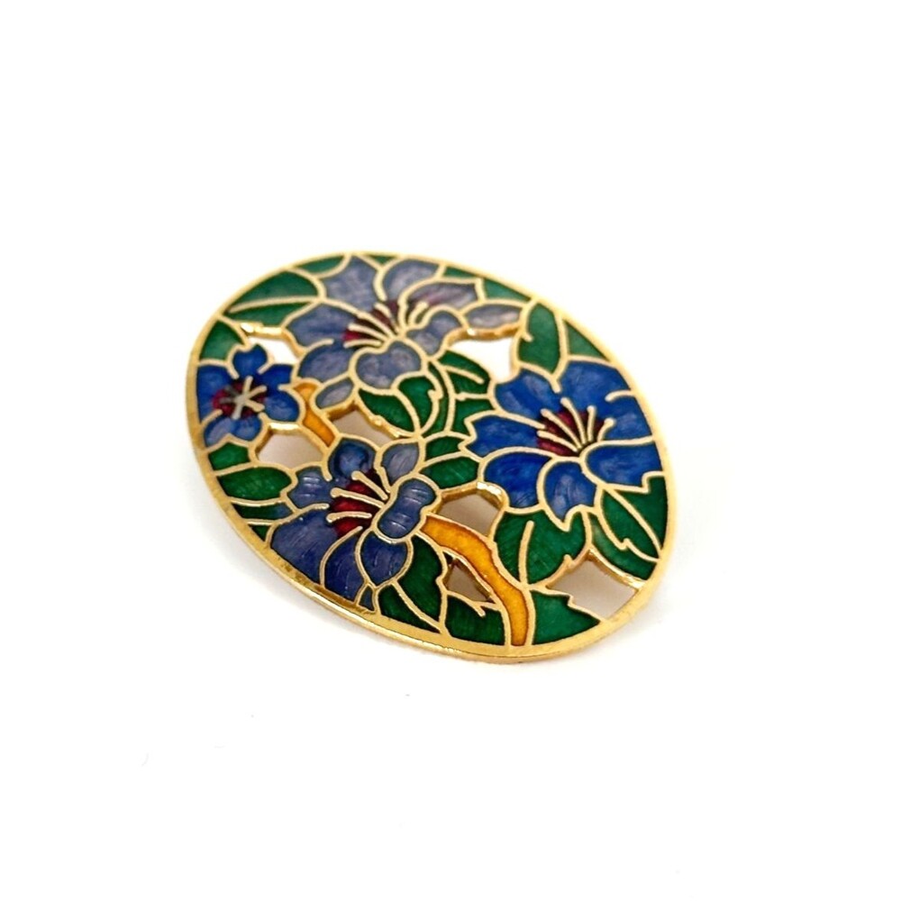 Vintage Cloisonné Floral Brooch Blue Purple Hibiscus Flowers Gold Tone Oval Pin